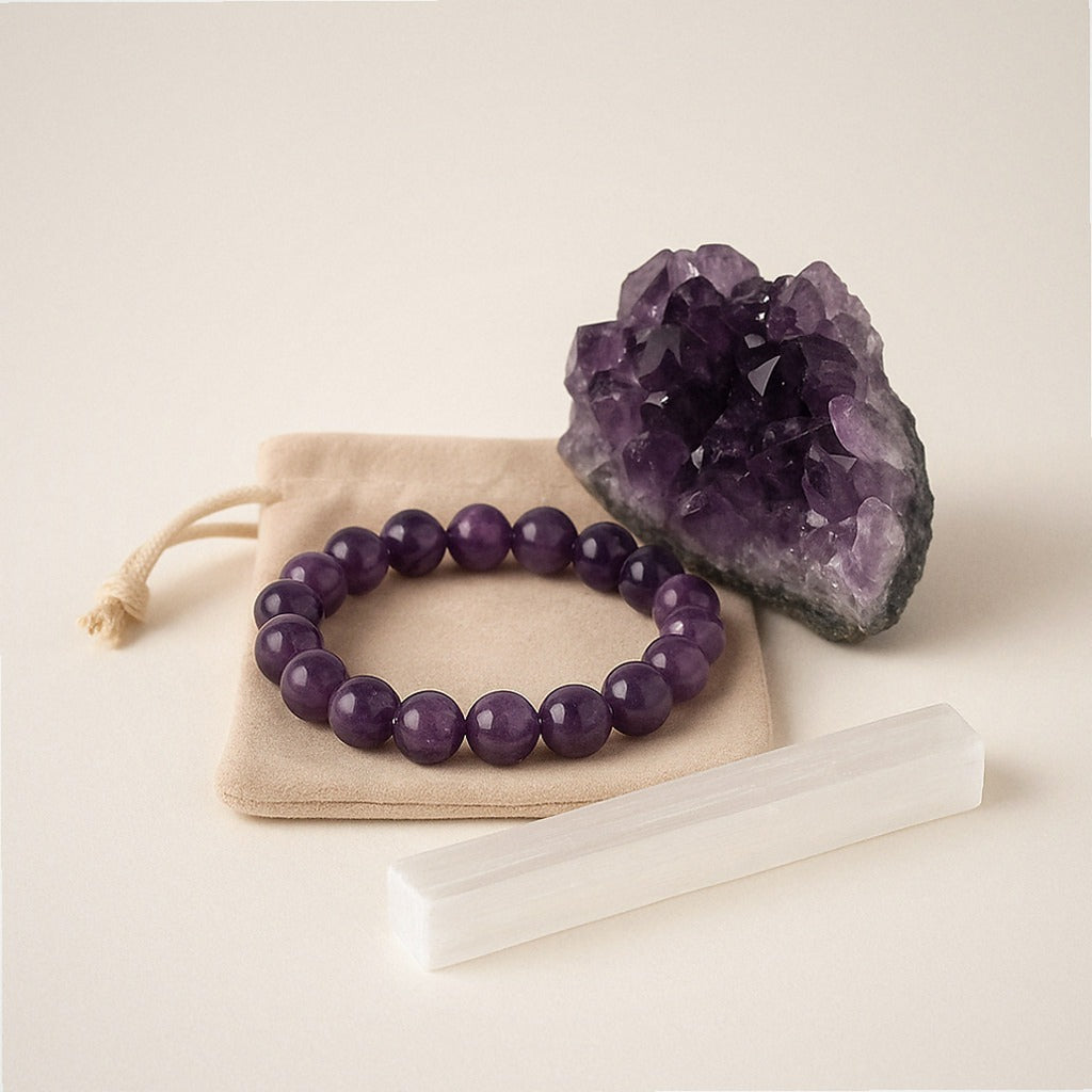 Calm & Clarity Kit · Amethyst Bracelet + Cluster + Selenite Stick