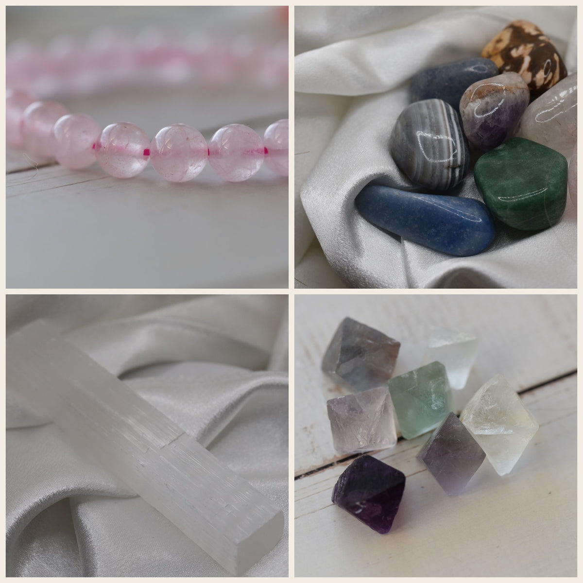 Sacred Stone Starter Collection — rose quartz bracelet, tumbled stones, selenite stick, fluorite octahedrons