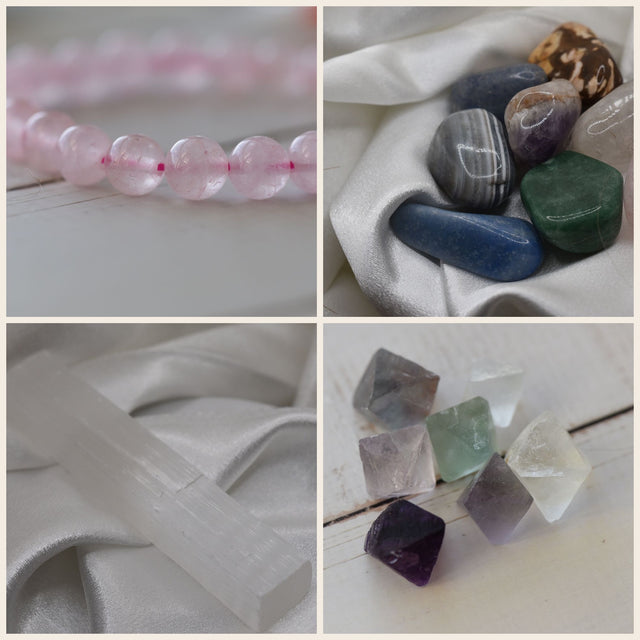 Sacred Stone Starter Collection — rose quartz bracelet, tumbled stones, selenite stick, fluorite octahedrons