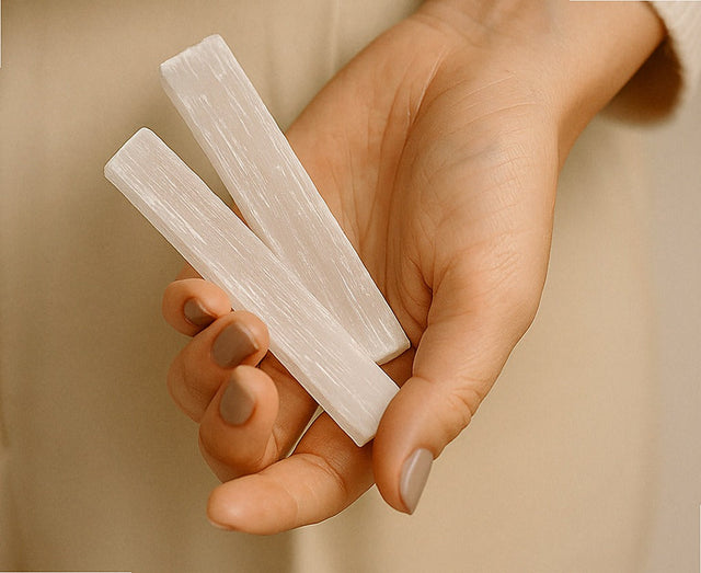 Selenite Three-Pack (Satin Spar) · Three 4" Raw Wands · Morocco